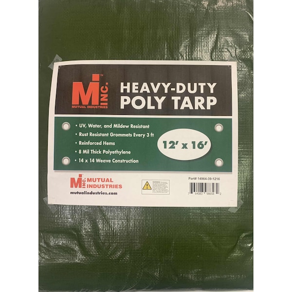 Heavy Duty Tarp, 12 ft x 16 ft, 8 Mil, Green, Polyethylene, UV Resistant, Mildew Resistant
